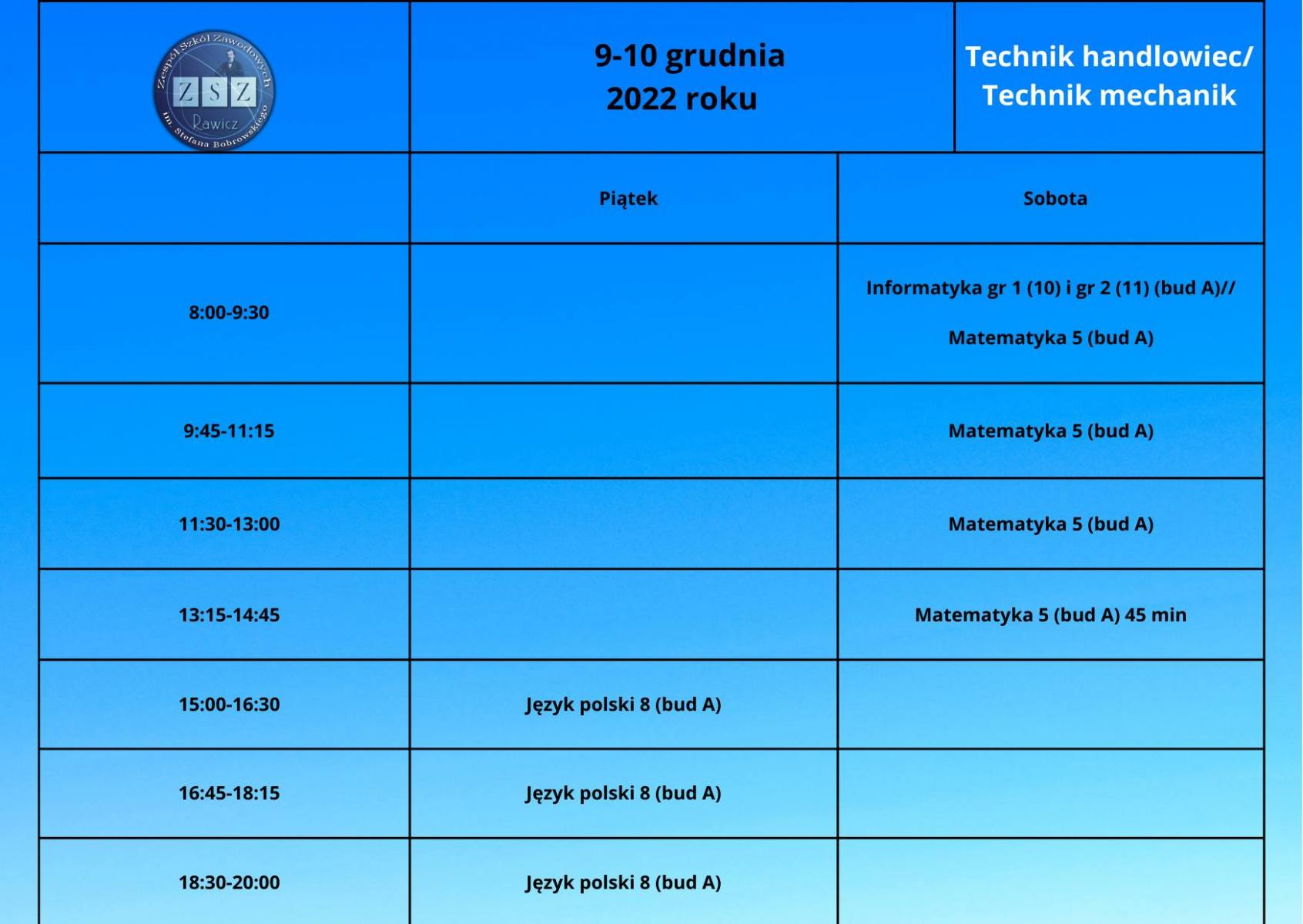 Plan zajęć dla Szkoły Branżowej II 