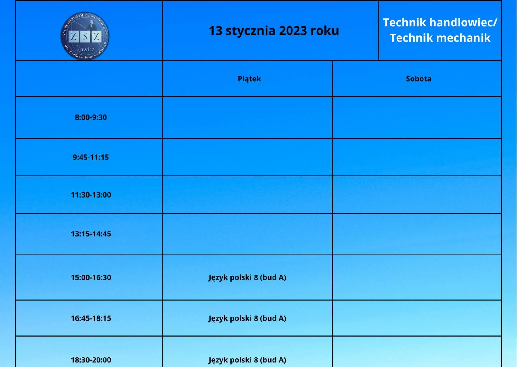 Plan zajęć BS II - 13 styczeń 2023 r. 