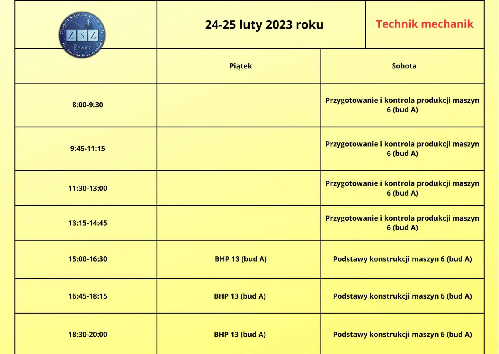 Plan BS II na 24-25.02.2023 r. dla technik mechanik