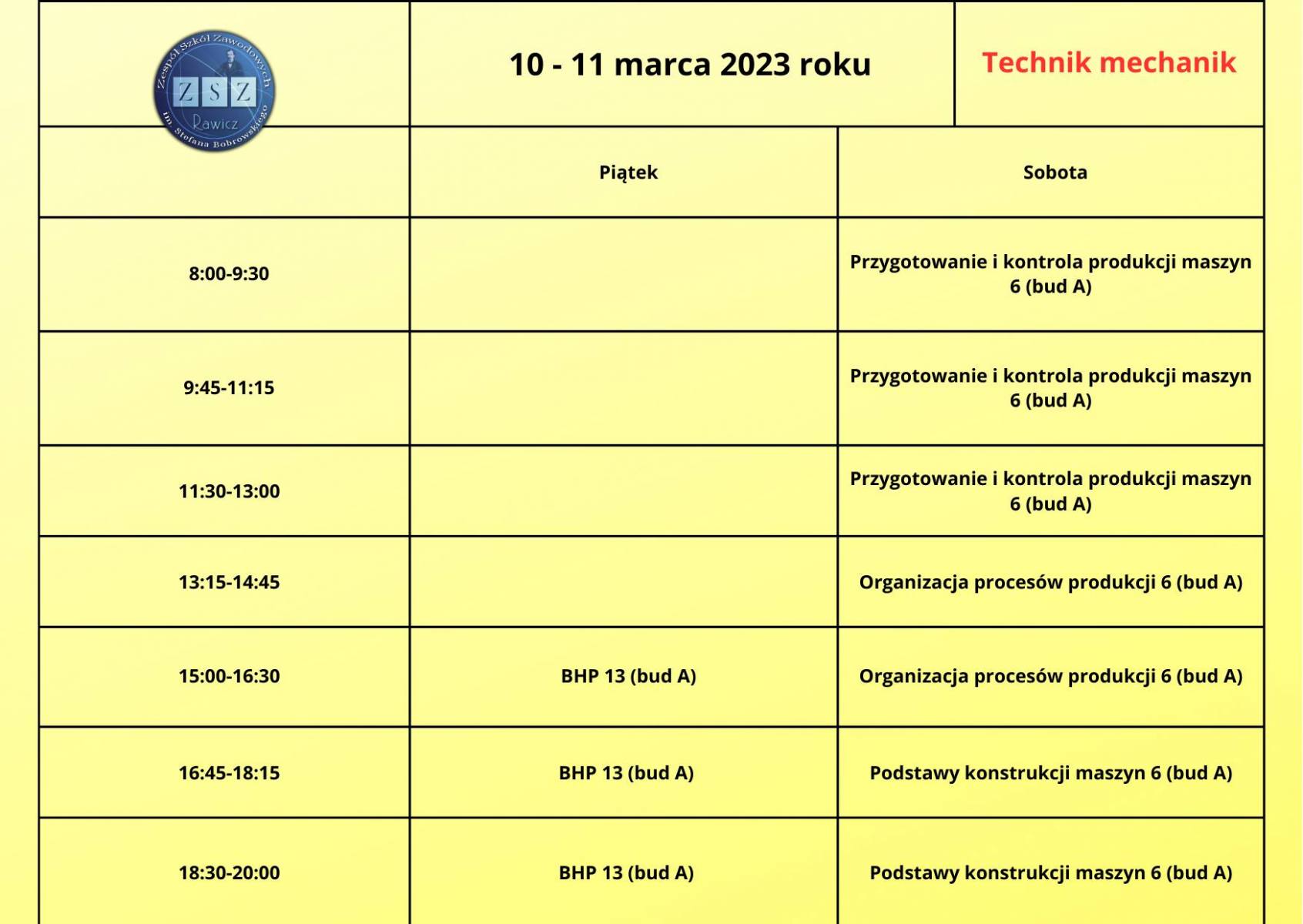 Plan zajęć dla słuchaczy BS II - 10-11 marca 2023 r. technik mechanik