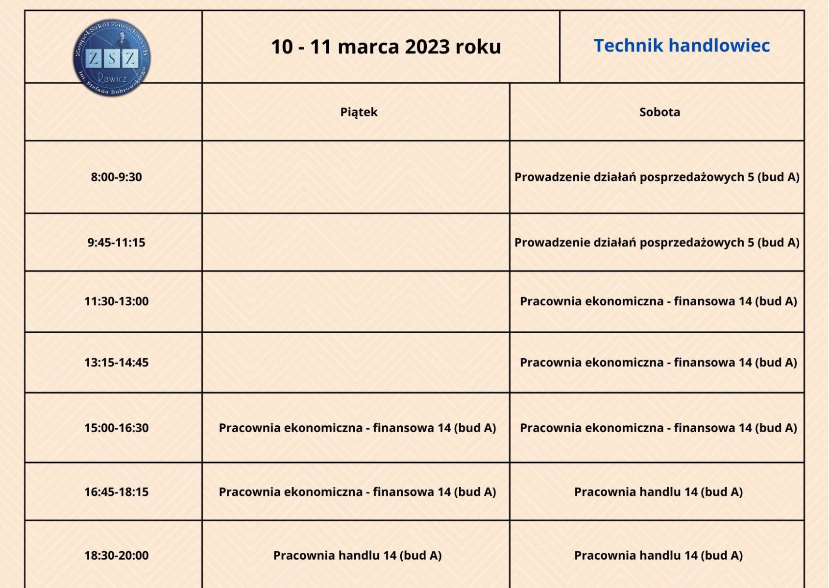 Plan zajęć dla słuchaczy BS II - 10-11 marca 2023 r. technik handlowiec
