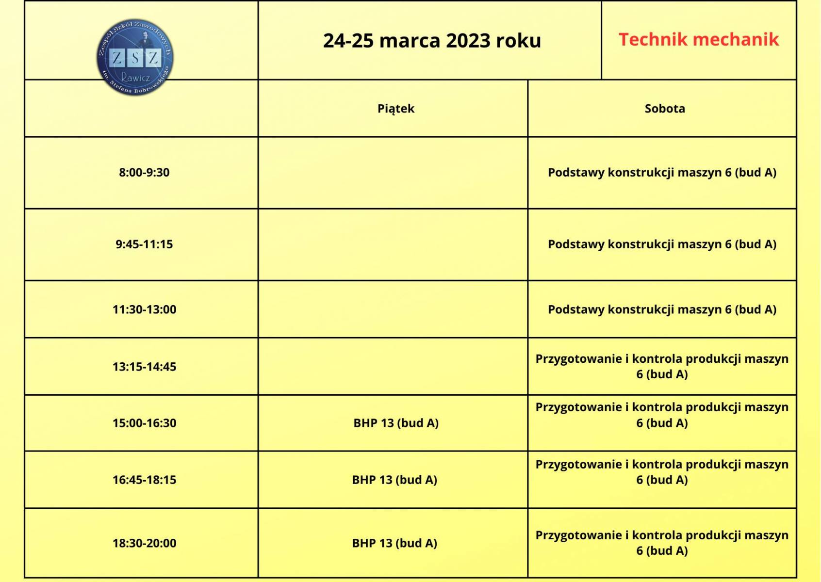 Plan zjazdu BS II - technik mechanik - 24-25.03.2023 r. 