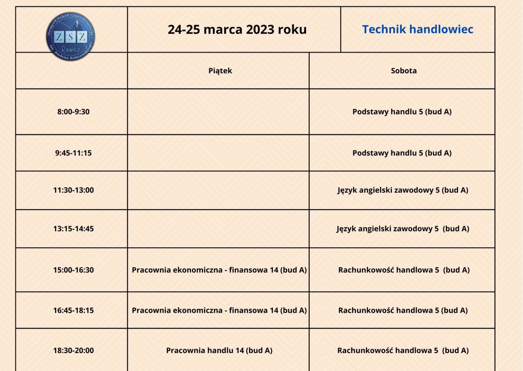 Plan zajęć BS II - technik handlowiec - 24-25.03.2023 r. 