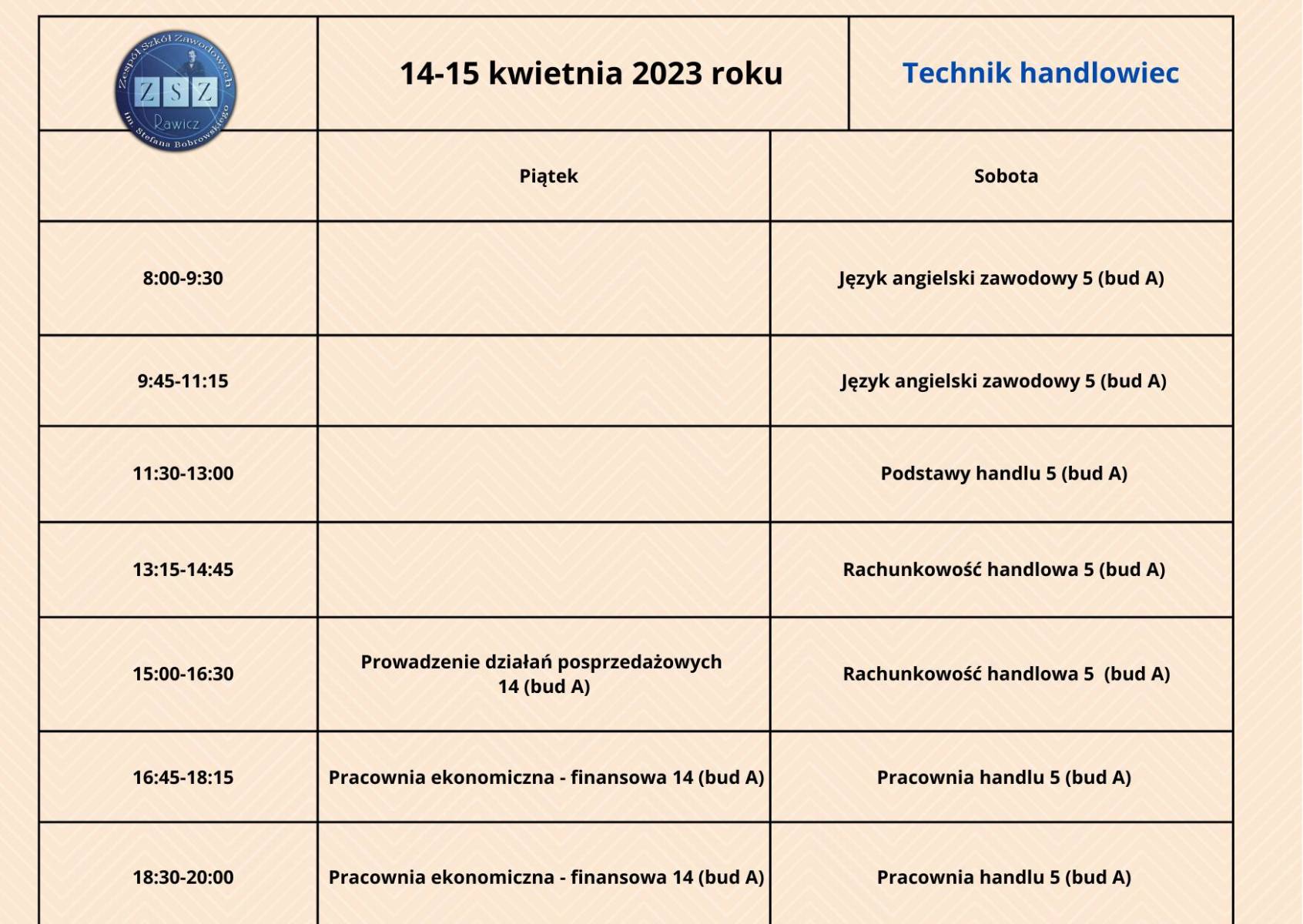 Plan zajęć BS II - 14-15.04.2023 r. - technik handlowiec