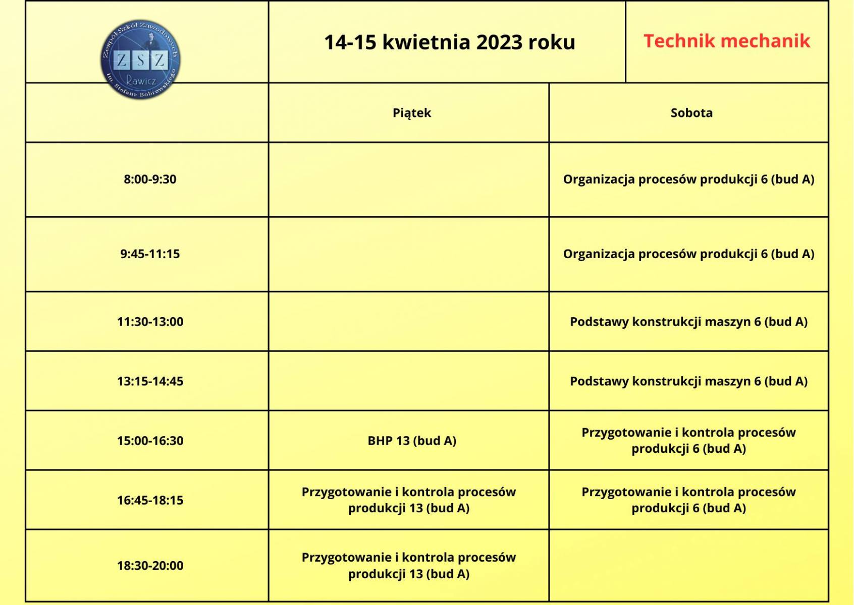 Plan zjazdu BS II - 14-15.04.2023 r. - technik mechanik