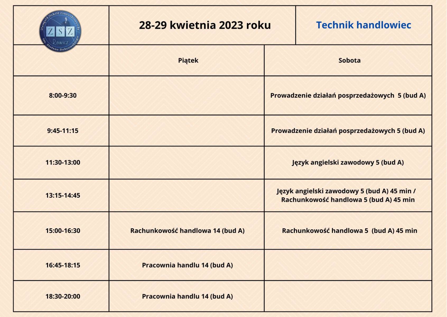 Plan zjazdu na 28-29.04.2023 r. BS II - technik handlowiec
