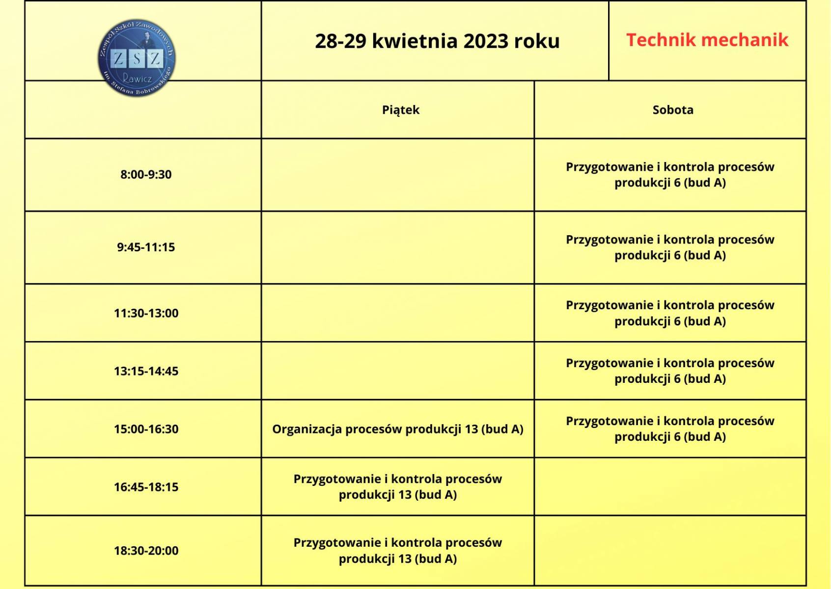 Plan zjazdu na 28-29.04.2023 r. BS II - technik mechanik