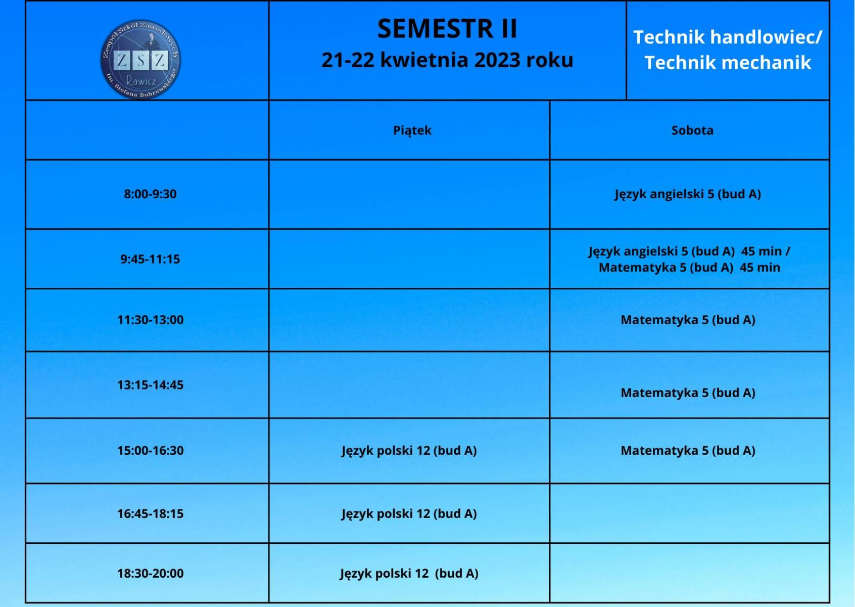 Plan zajęć BS II - 21-22.04.2023 r. - technik handlowiec i technik mechanik