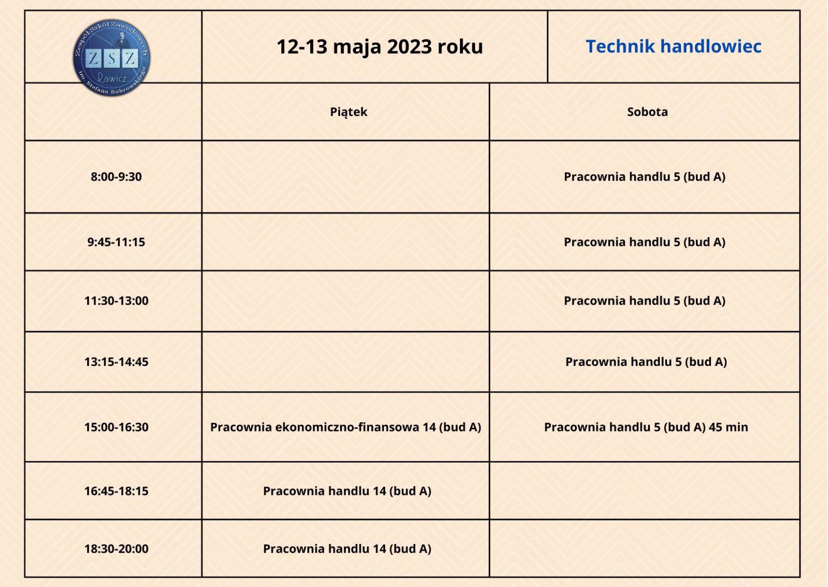 Plan zajęć dla BS II - 12-13 maja 2023 r. - technik handlowiec