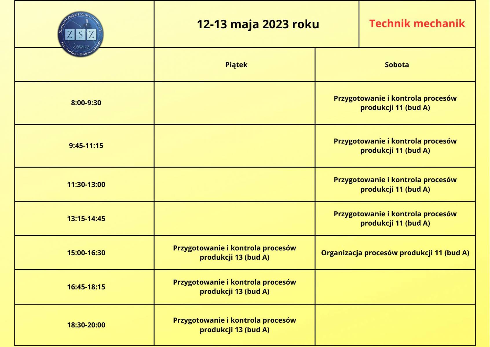 Plan zajęć BS II 12-13 maja 2023 r. - technik mechanik