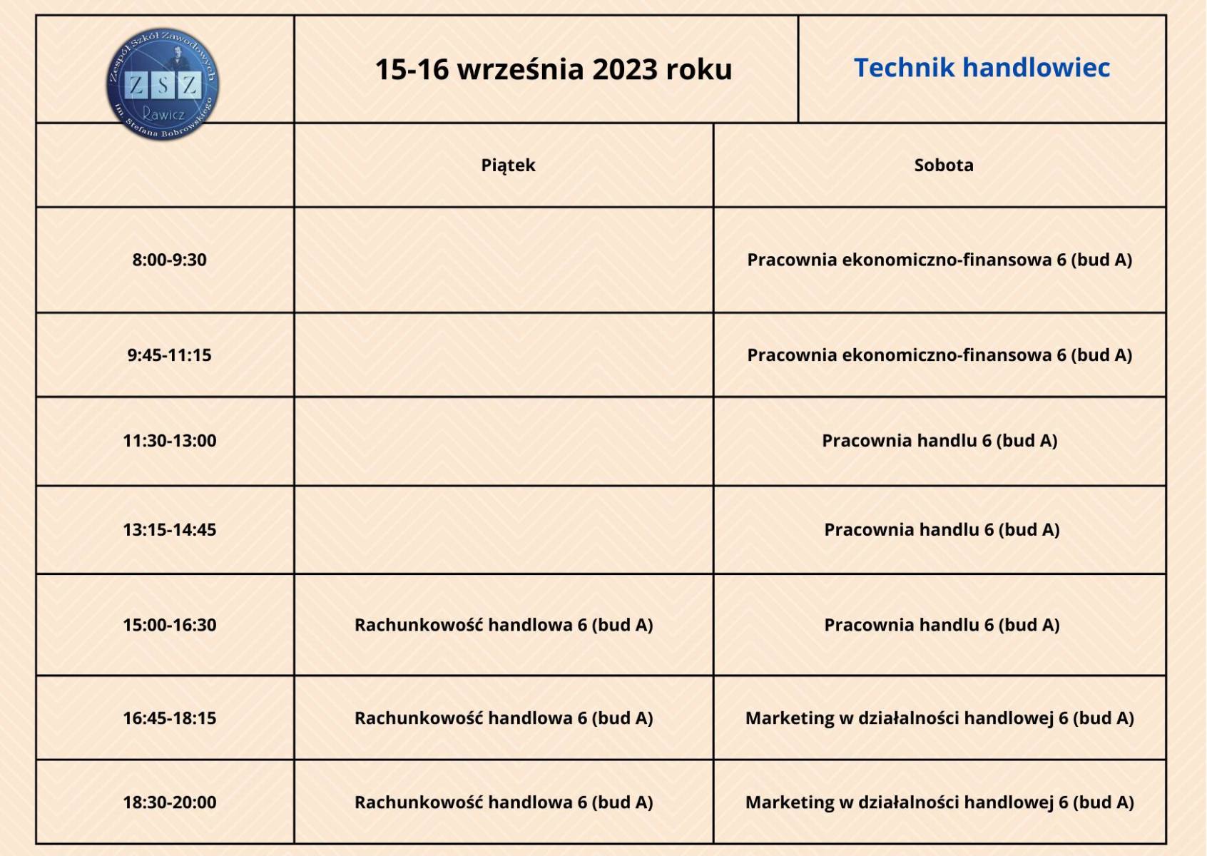 Plan zajęć 15-16.09.2023 r. - BS II - technik handlowiec