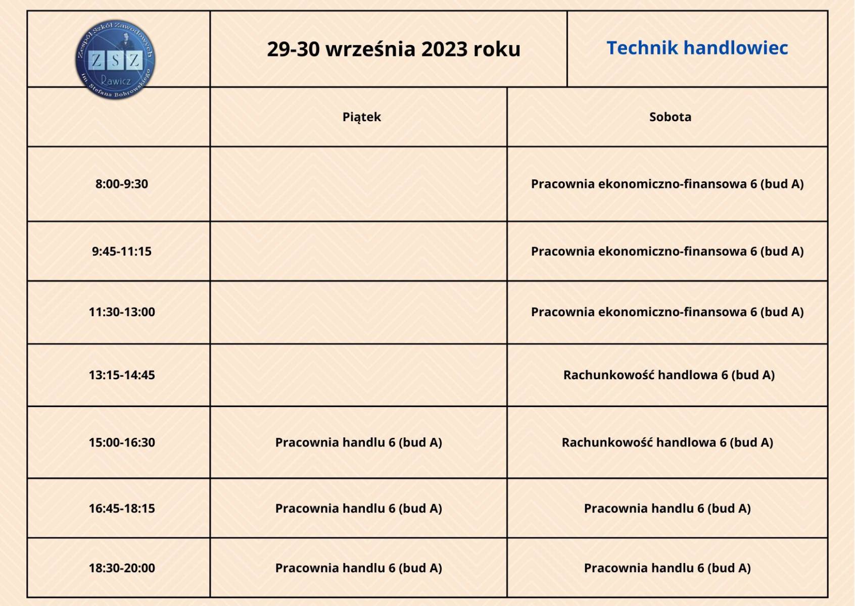 Plan zajęć BS II - Technik handlowiec - 29-30.09.2023 r. 