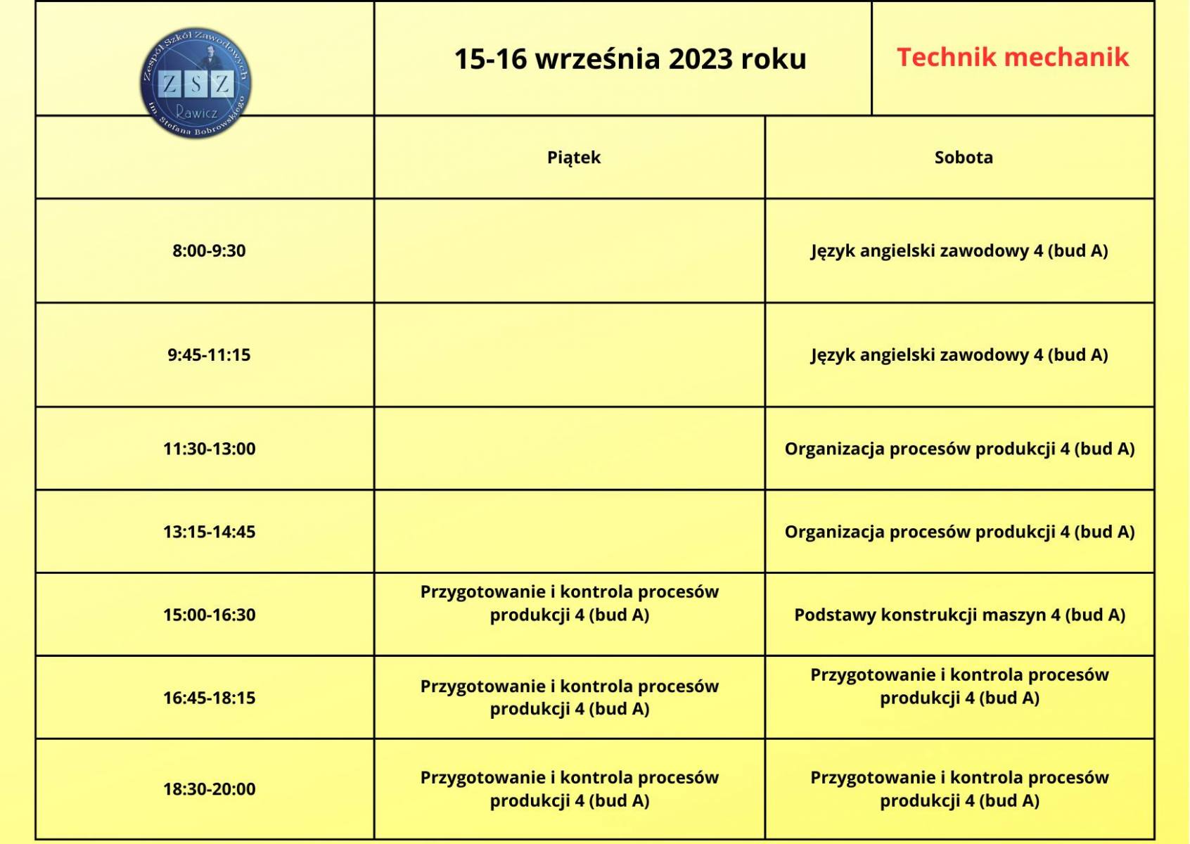 Plan zajęć 15-16.09.2023 r. - BS II - technik mechanik