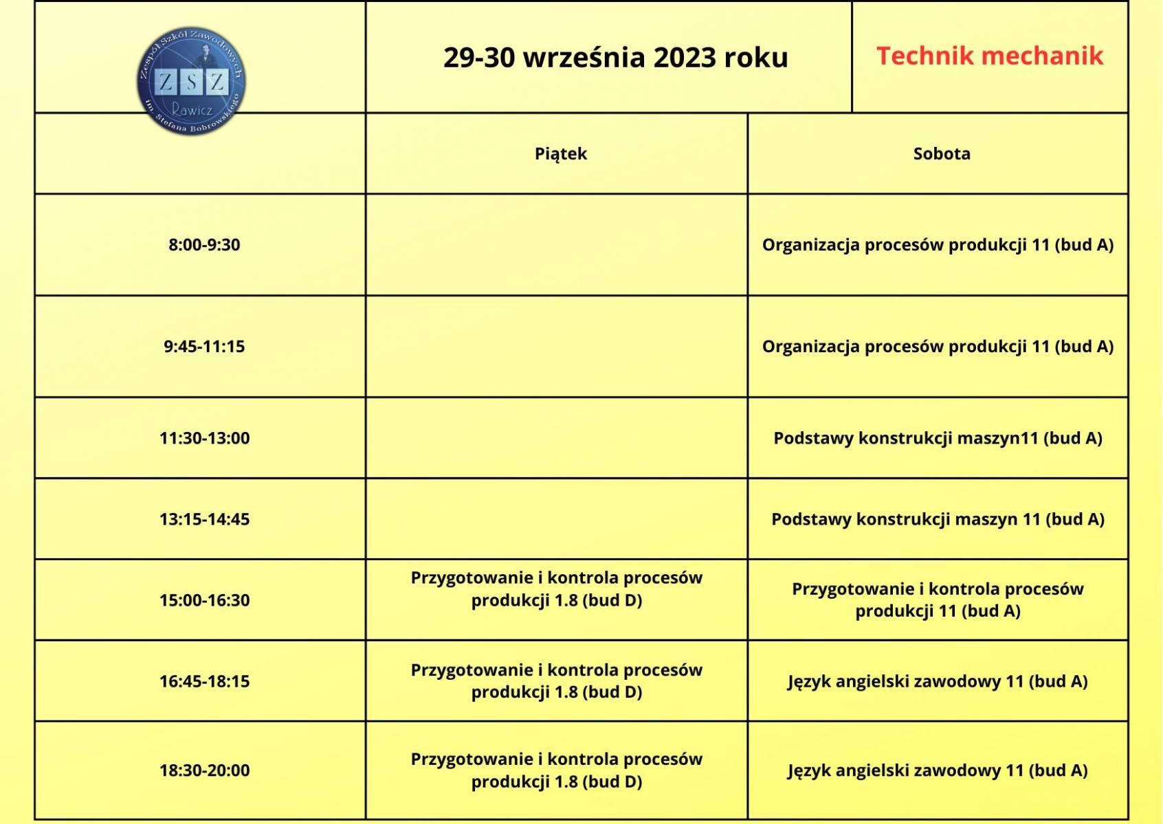 Plan zajęć BS II - technik mechanik - 29-30.09.2023 r.