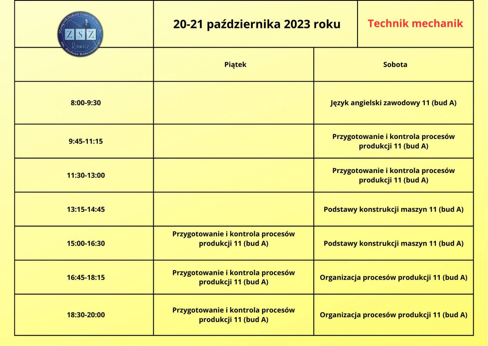 Plan zajęć BS II - technik mechanik - 20-21.10.2023 r.