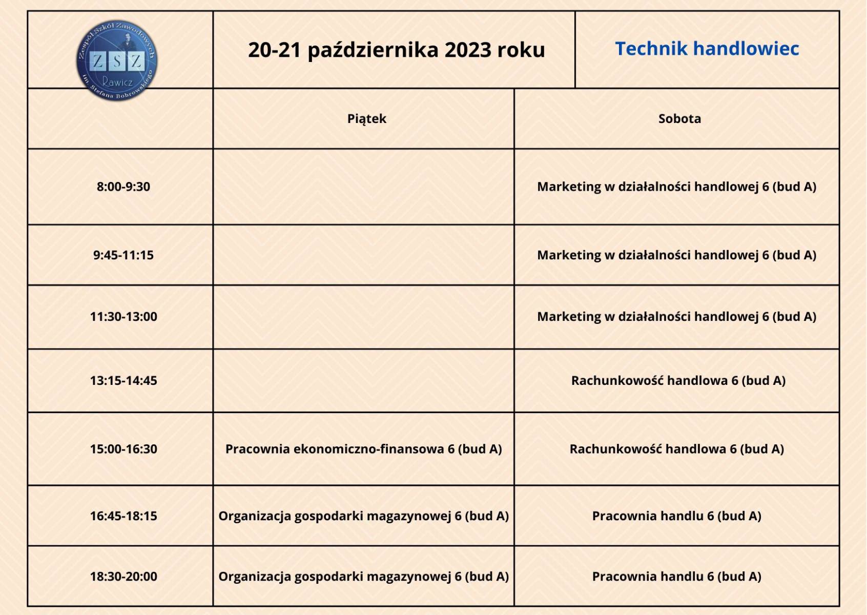 Plan zajęć - BS II - technik handlowiec - 20-21.10.2023 r. 