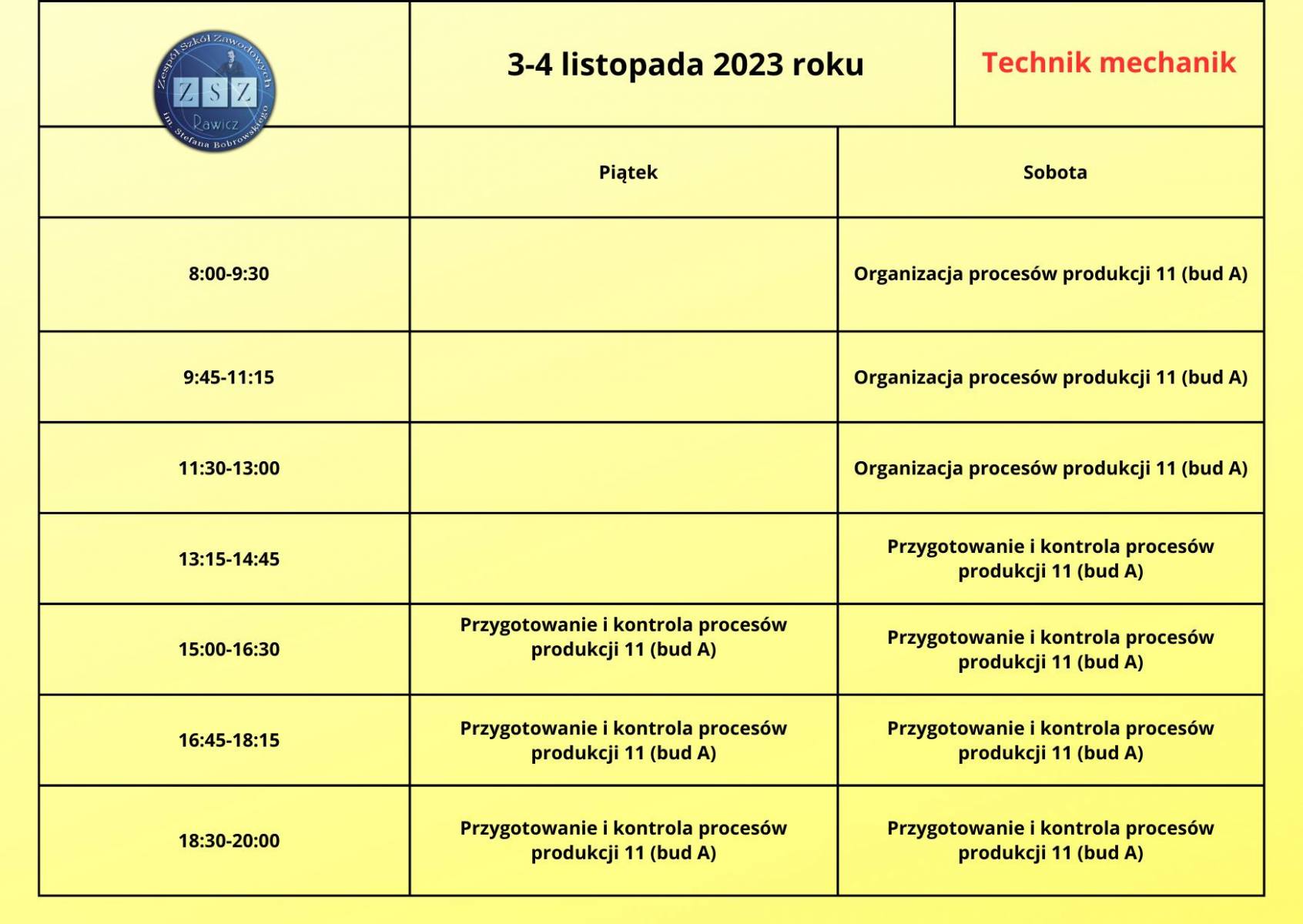 Plan zajęć - technik mechanik - 3-4.11.2023 r.