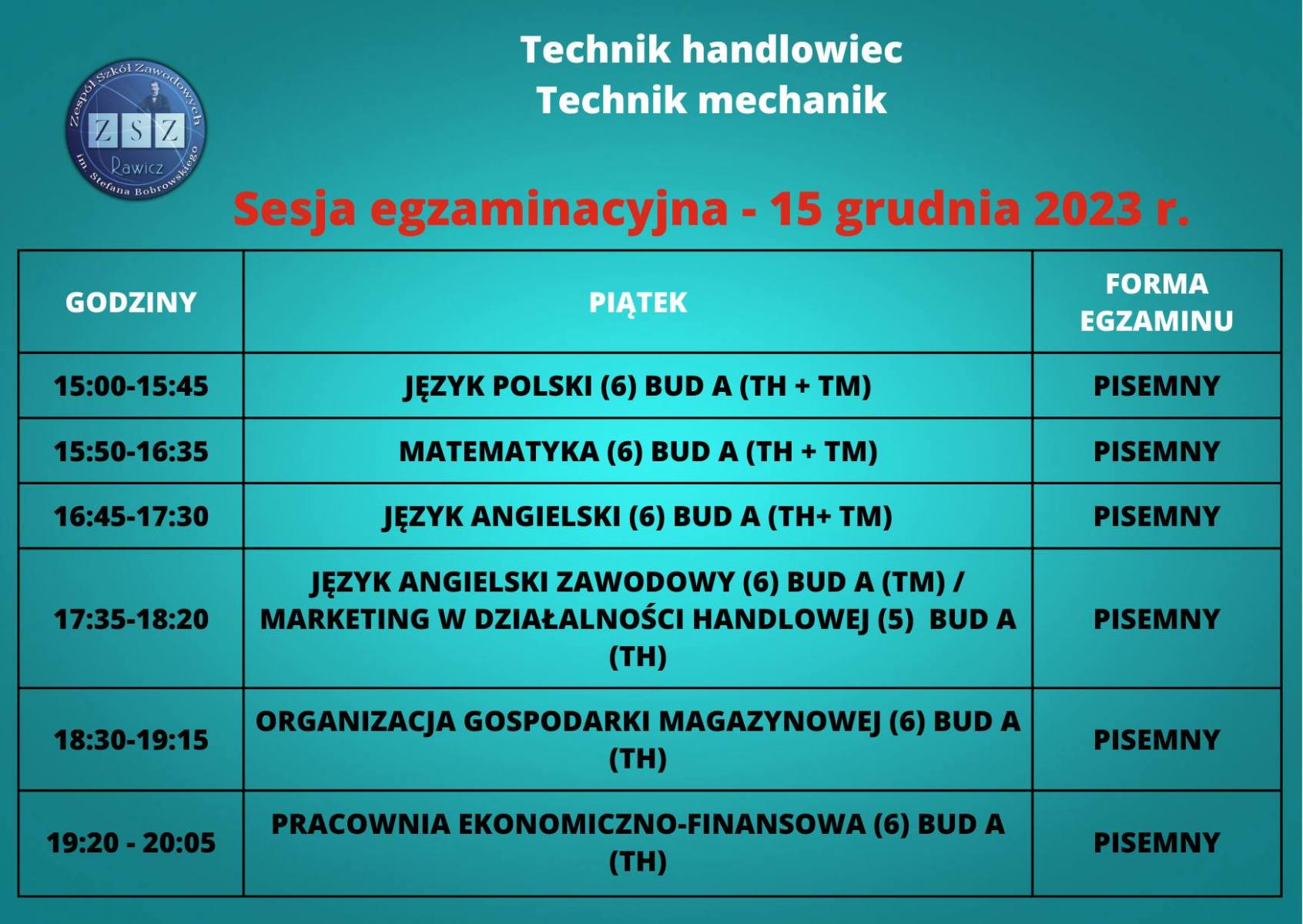 Zimowa sesja egzaminacyjna - BS II - 15.12.2023 r.