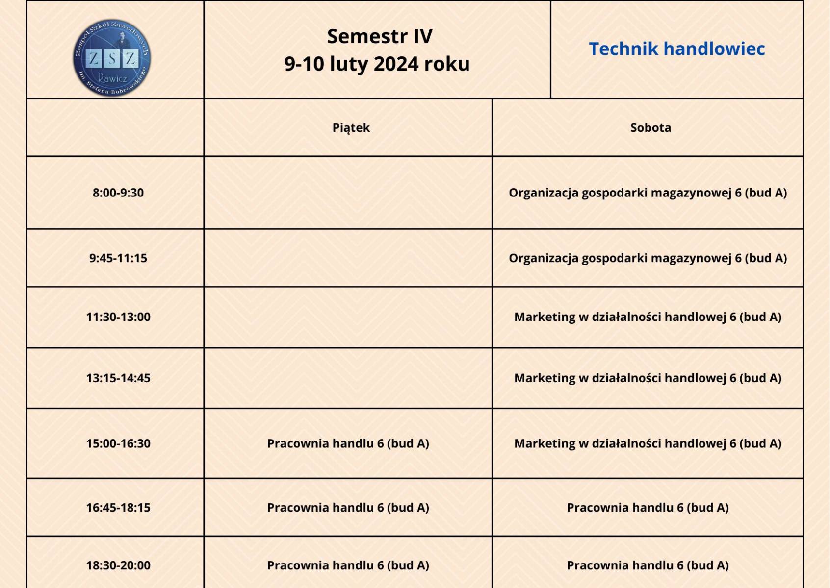 Plan zjazdu BS II - technik handlowiec - 9-10.02.2024 r.