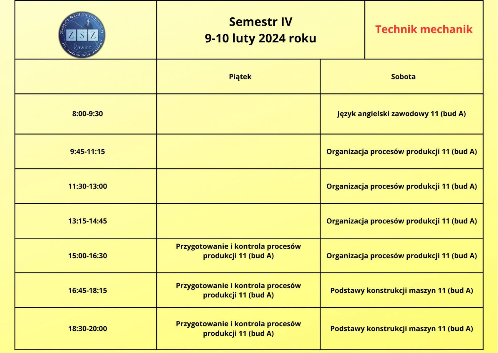 Plan zajęć BS II - technik mechanik - 9-10.02.2024 r. 