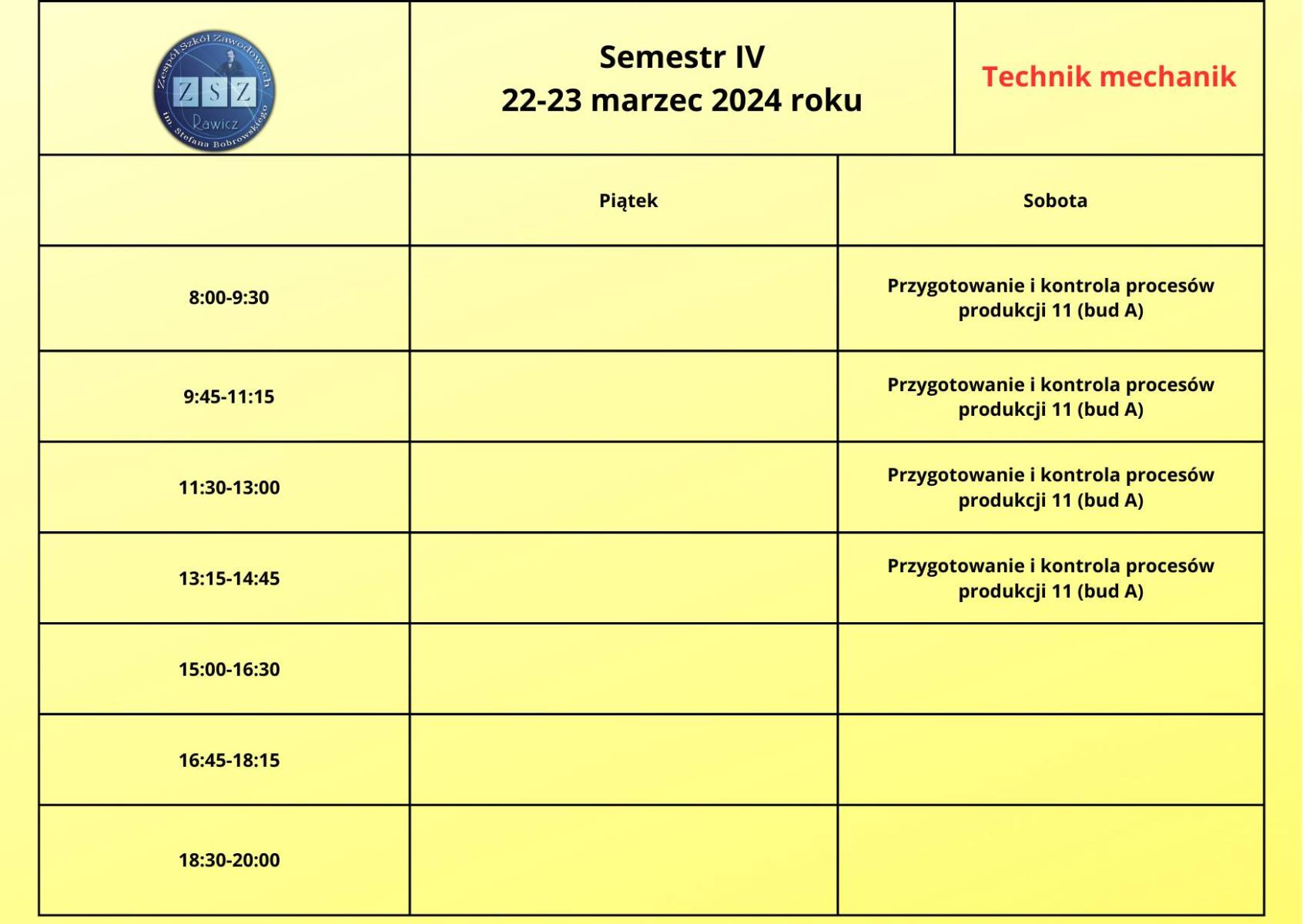 Plan zjazdu BS II - technik mechanik 22-23.03.2024 r. 