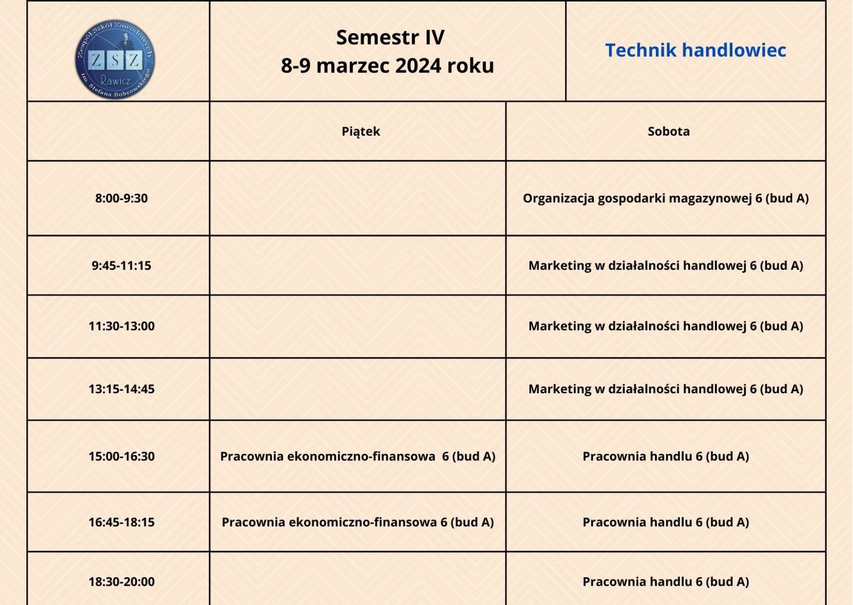 Plan zajęć BS II 8-9.03.2024 r. - technik handlowiec 