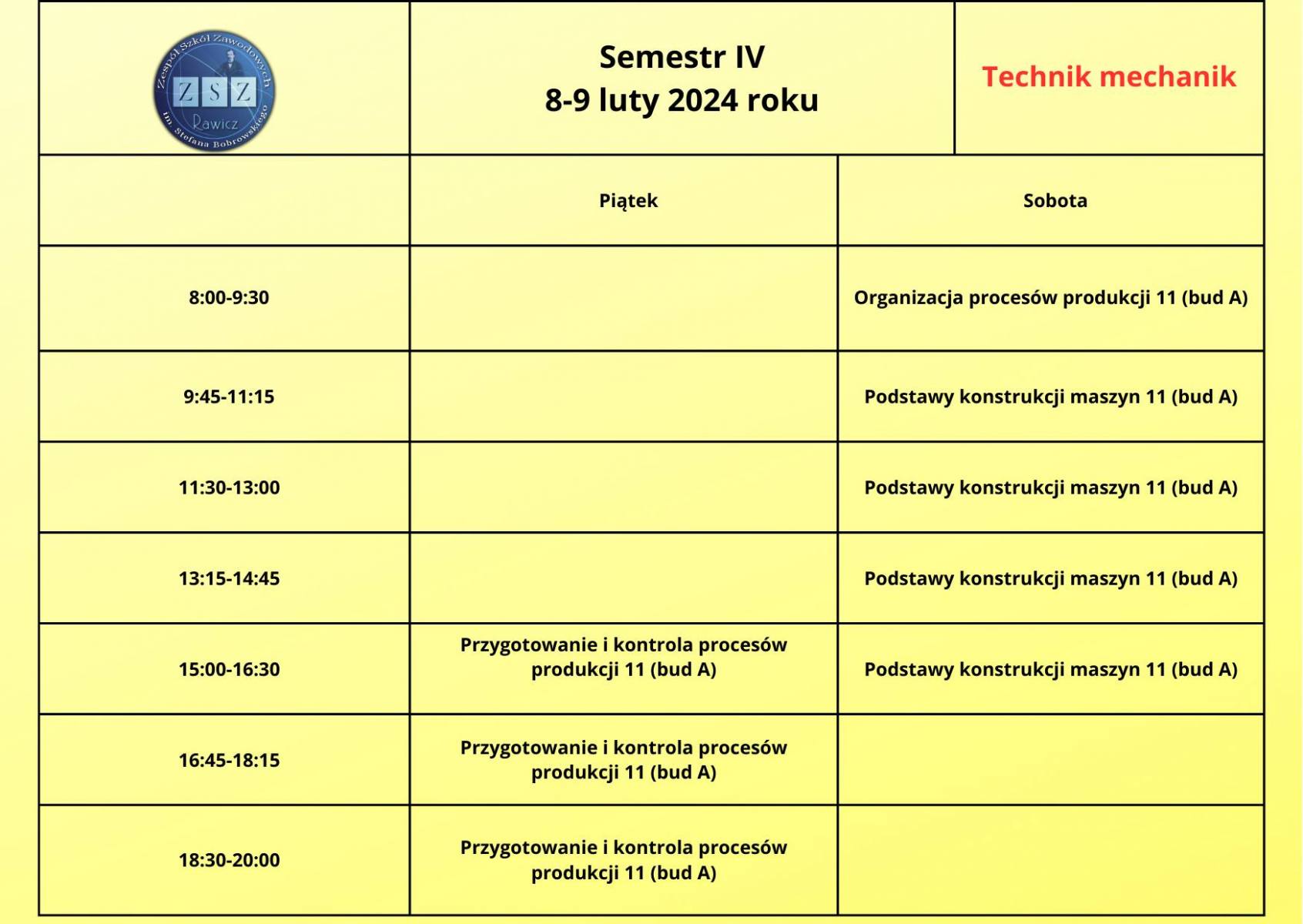 Plan zajęć - technik mechanik - BS II - 8-9.03.2024 r. 