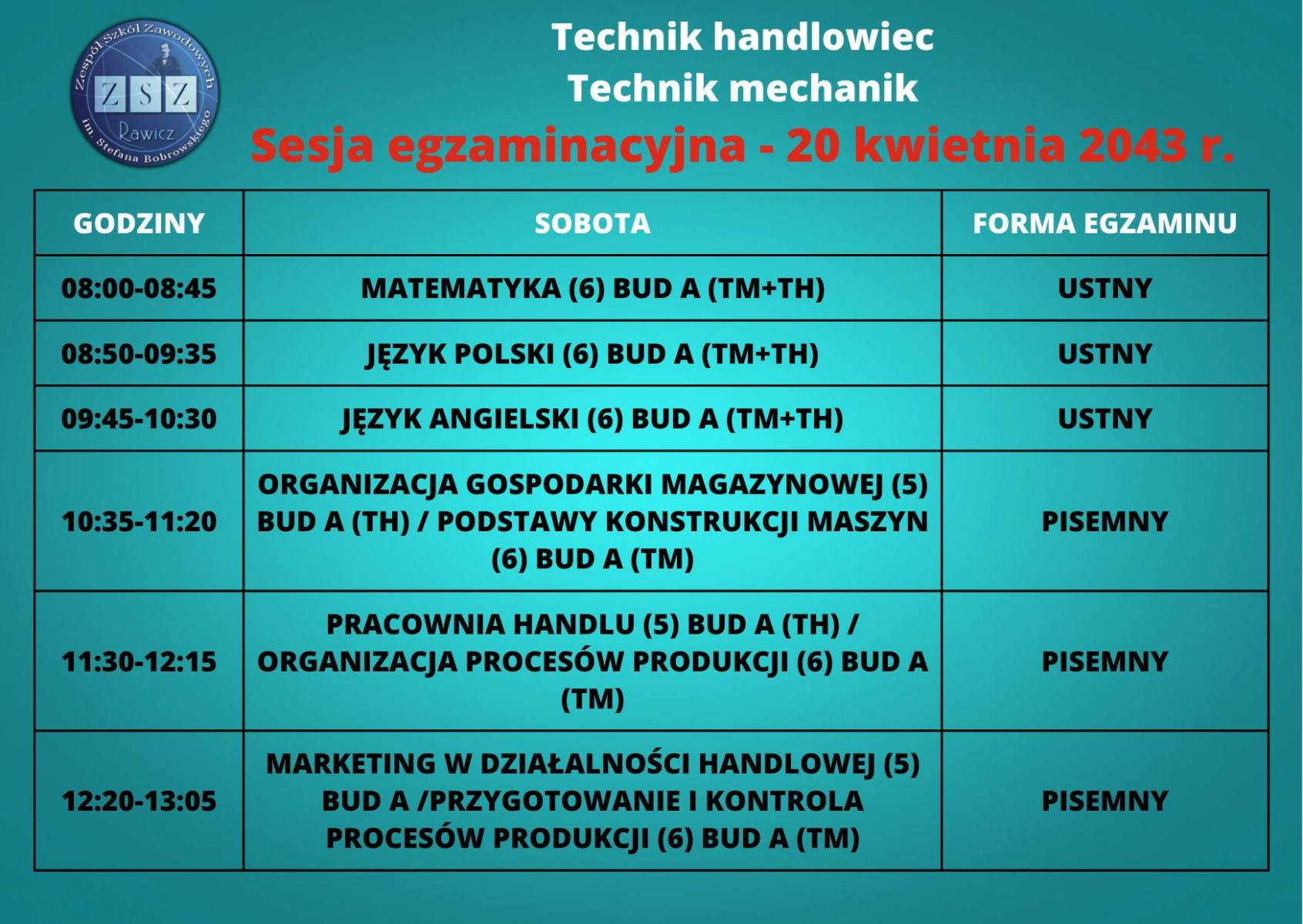 Sesja egzaminacyjna letnia - BS II 20 kwietnia 2024 r. - technik mechanik i technik handlowiec