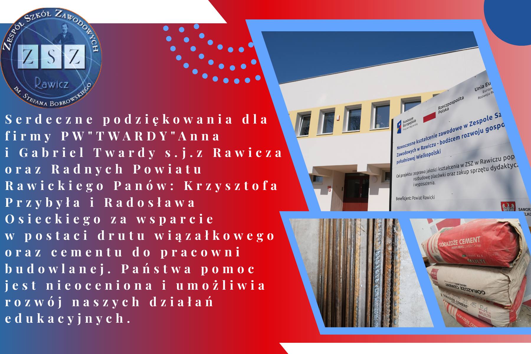 Podziękowanie dla firmy PW"TWARDY"Anna i Gabriel Twardy s.j.z Rawicza oraz Radnych Powiatu Rawickiego Panów: Krzysztofa Przybyła i Radosława Osieckiego za wsparcie