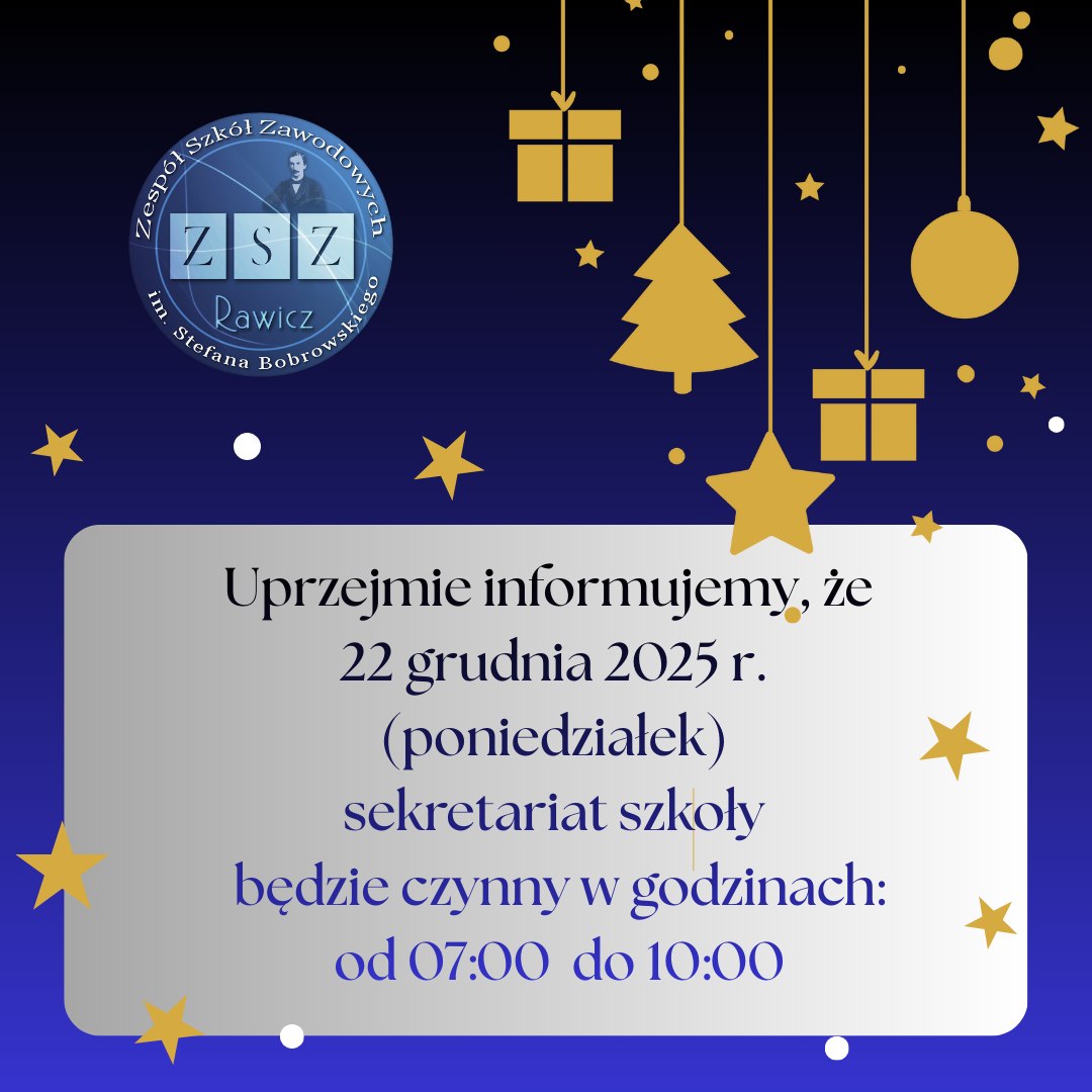 Informacja o godzinach pracy szkoły dnia 22 grudnia