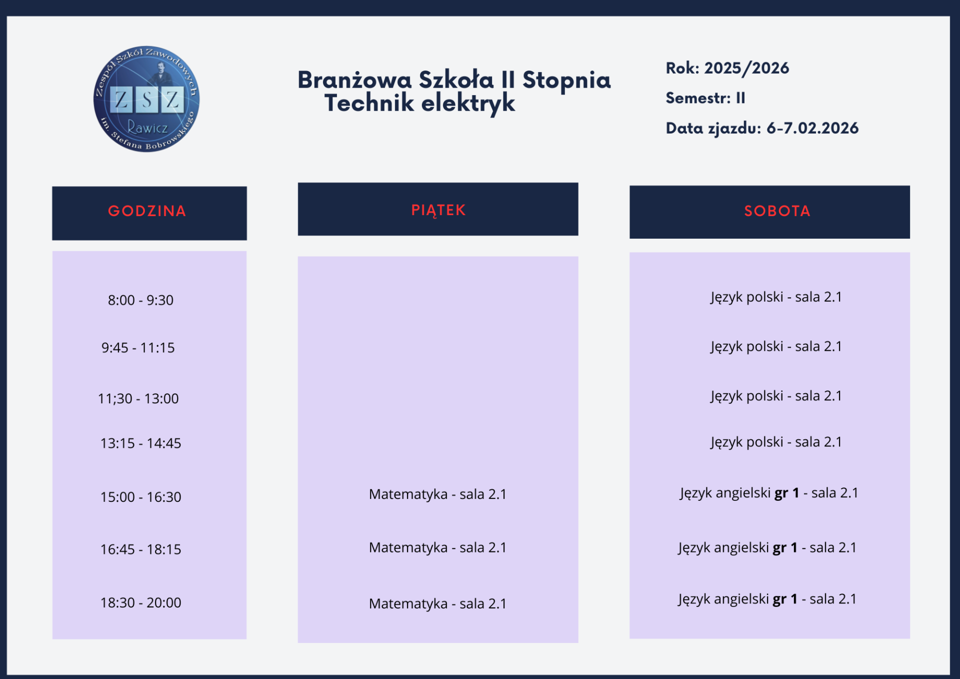 Plan dla Szkoły Branżowej 2 Stopnia - zjazd 1 semestr II
