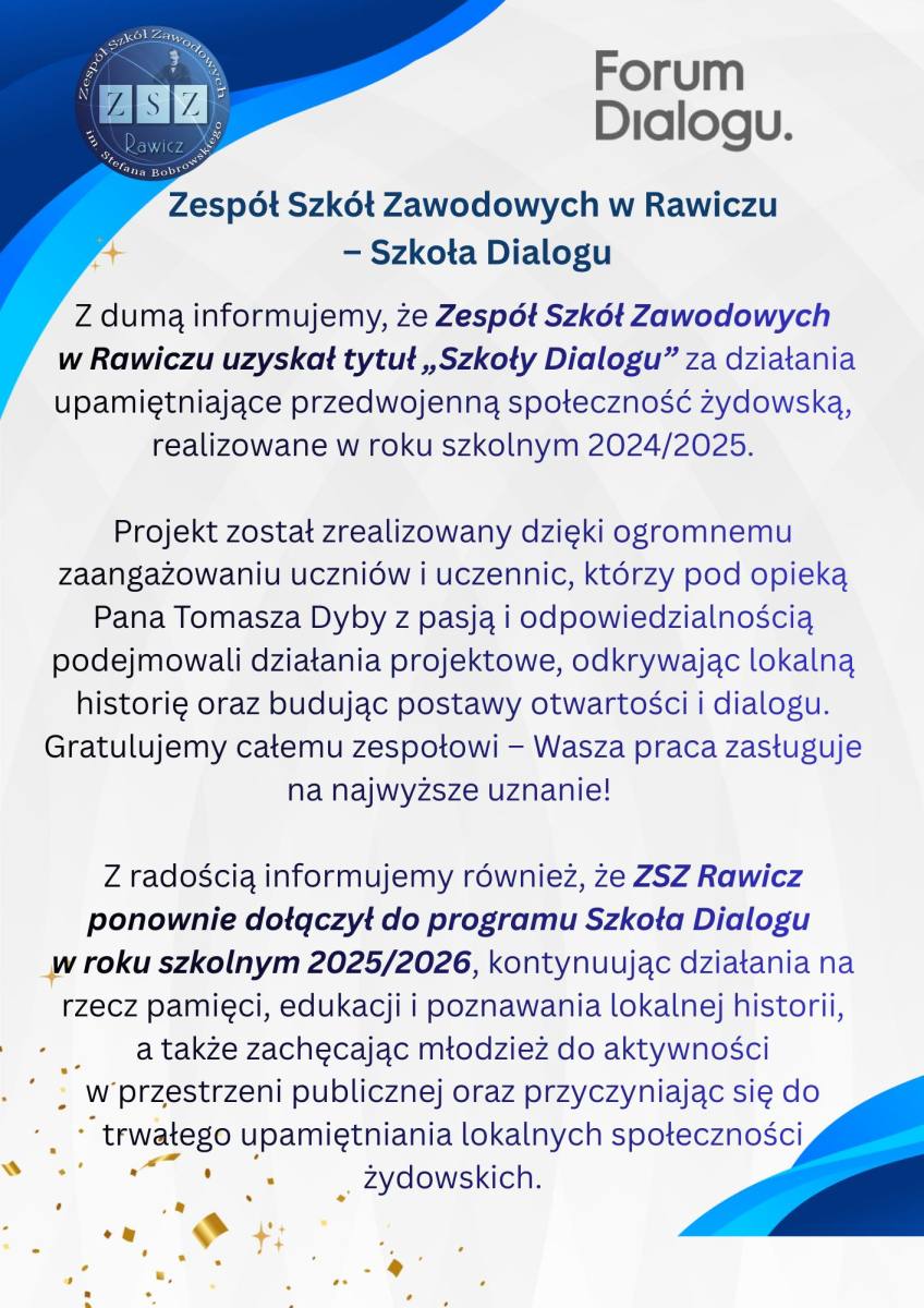 Zespół Szkół Zawodowych im. Stefana Bobrowskiego w Rawiczu otrzymał tytuł „Szkoły Dialogu”