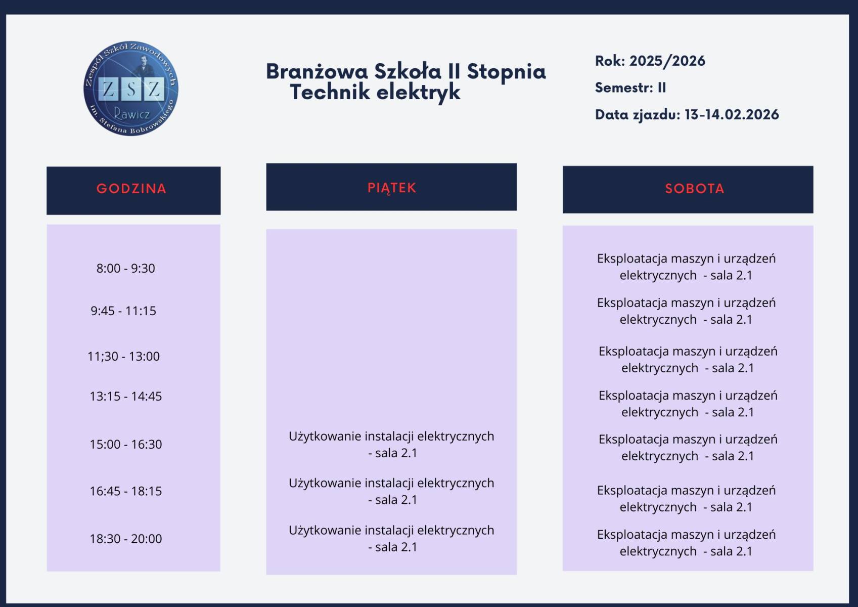Plan dla Szkoły Branżowej 2 Stopnia - zjazd 2 semestr II