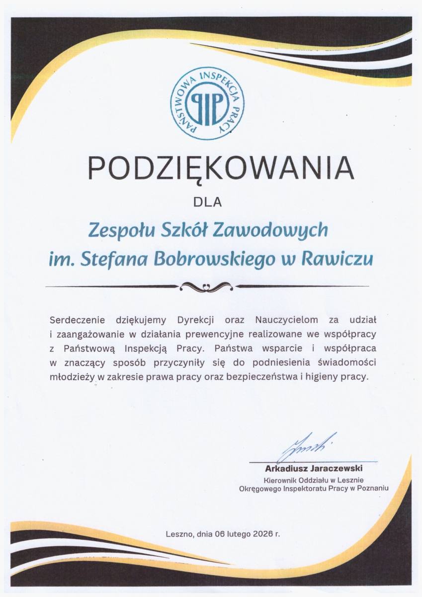 PODZIĘKOWANIE DLA ZSZ RAWICZ dyplom