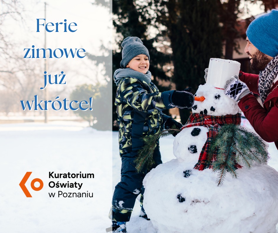 Krajobraz zimowy, w tle bałwan z dzieckiem