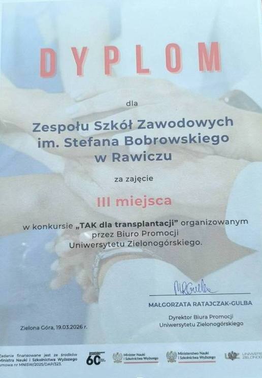 Tak dla transplantacji dyplom dla ZSZ Rawicz