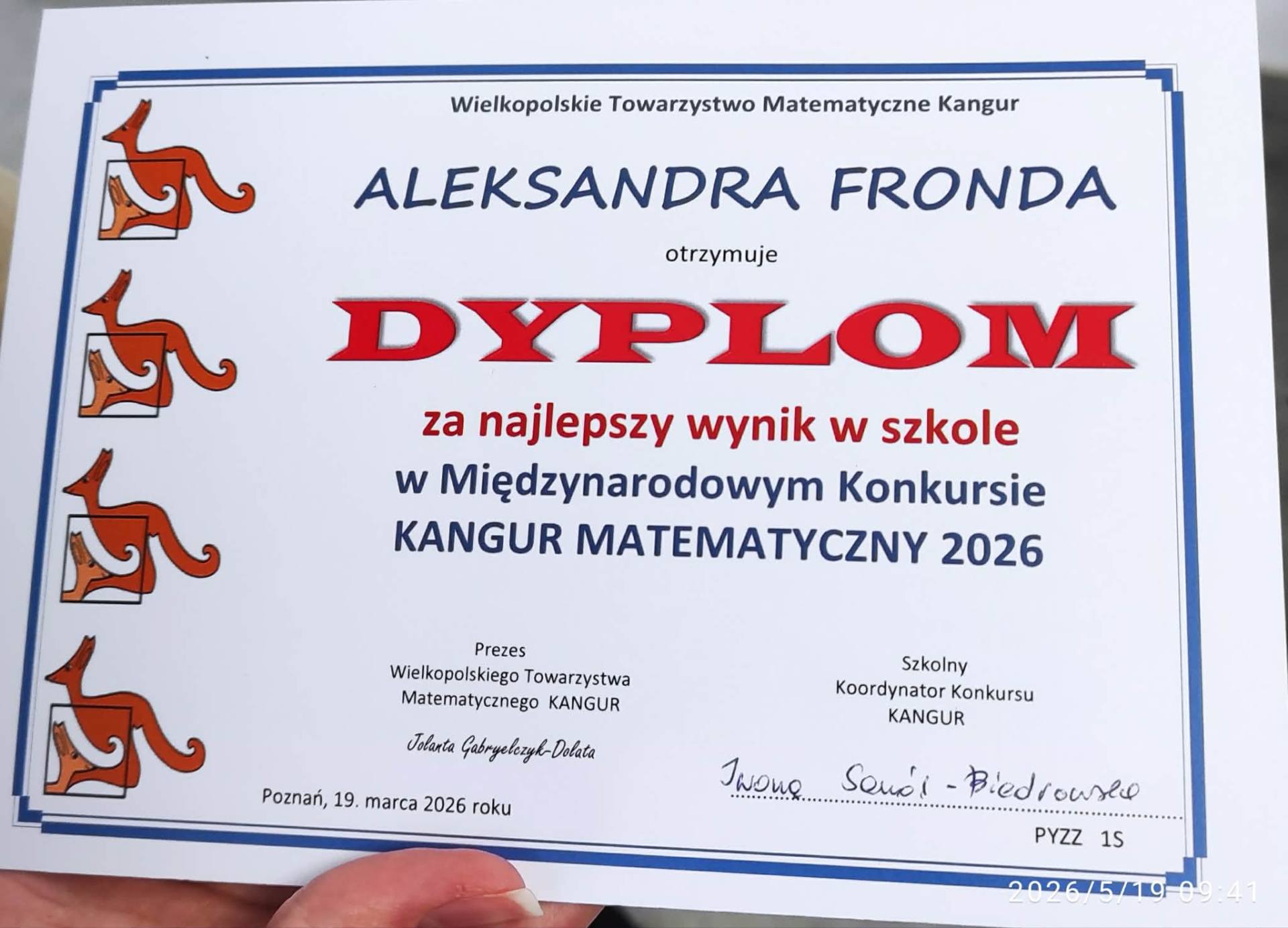 Wielki sukces matematyczny w Rawiczu! Aleksandra Fronda najlepsza w szkole - dyplom