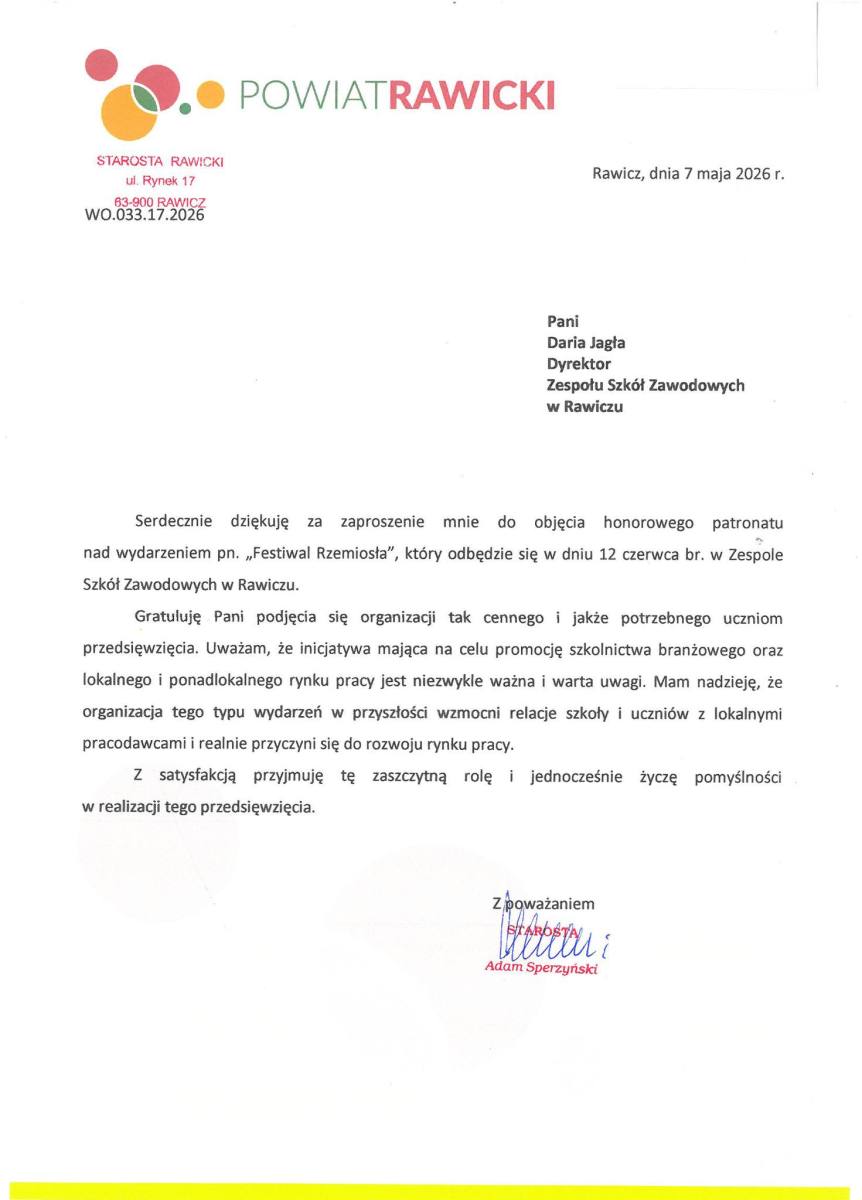 Starosta Rawicki patronem tegorocznego Festiwalu Rzemiosła