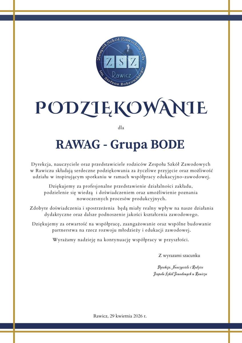 Dziękujemy firmie Rawag - podziękowanie