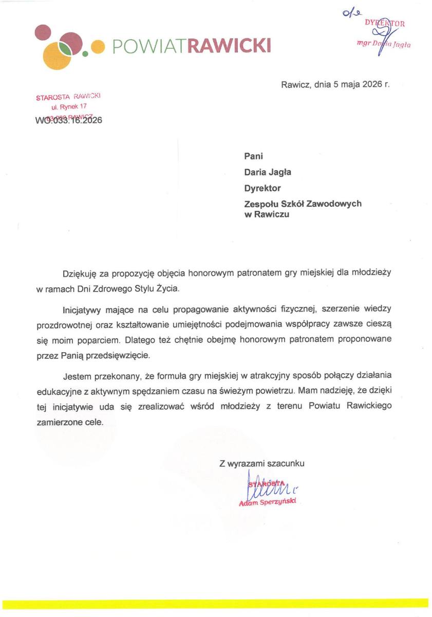 Honorowy patronat Starosty nad prozdrowotną inicjatywą ZSZ w Rawiczu