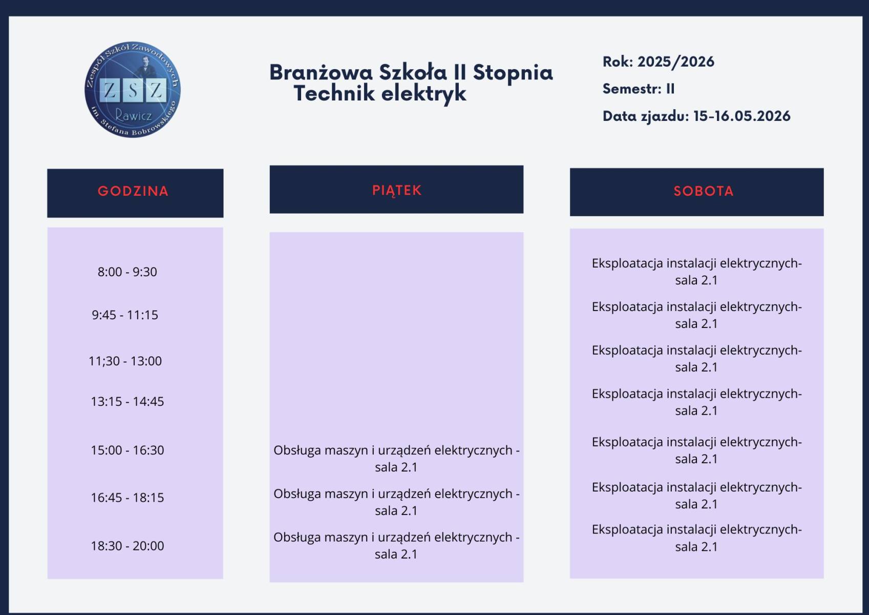 Plan dla Szkoły Branżowej 2 Stopnia - zjazd 11 semestr II