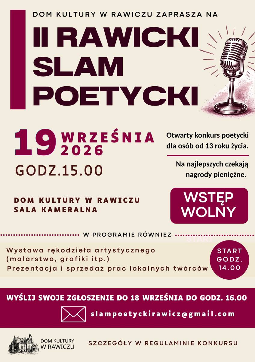 Zaproszenie na wydarzenie kulturalne- II Rawicki Slam Poetycki