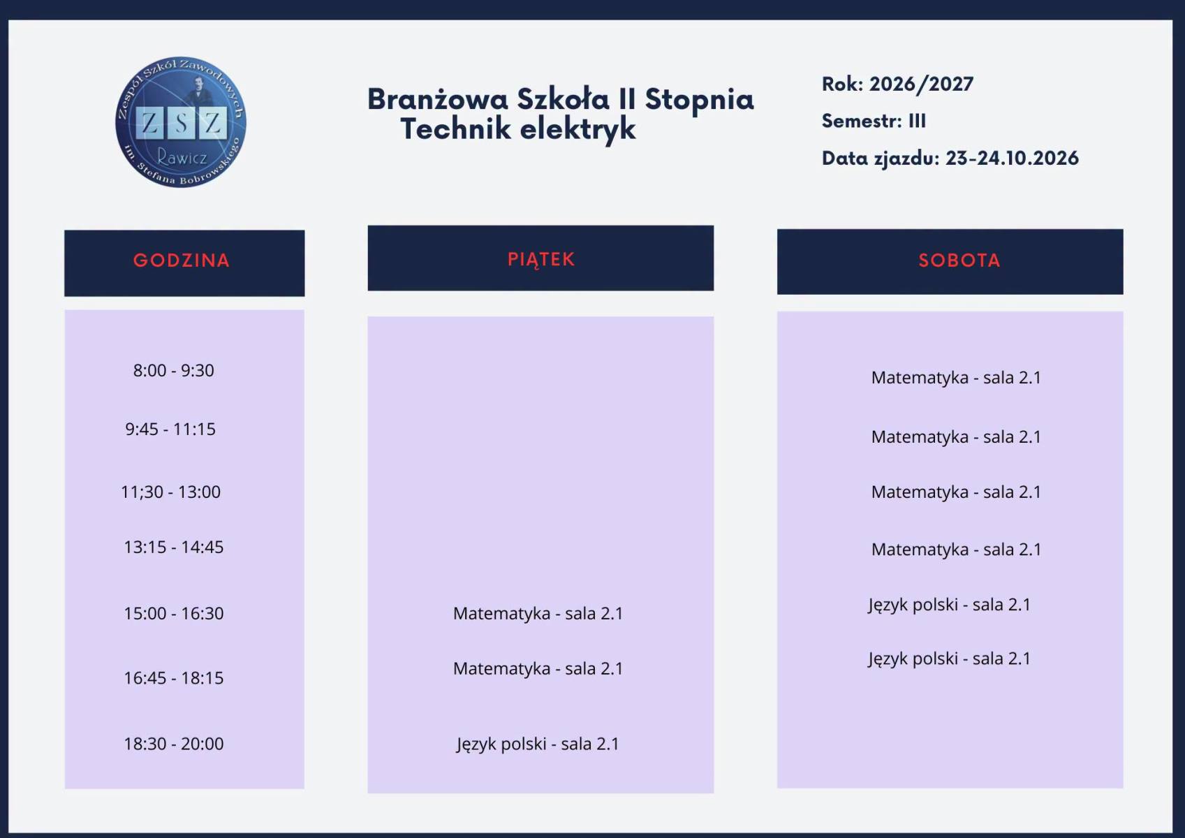 Plan Zjazdu 8 - semestr 3 rok szkolny 2026/2027